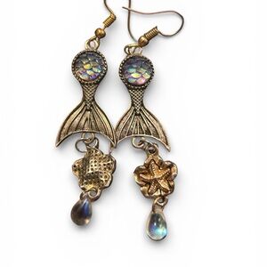 Vintage Gold and AB Mermaid Tail Earrings